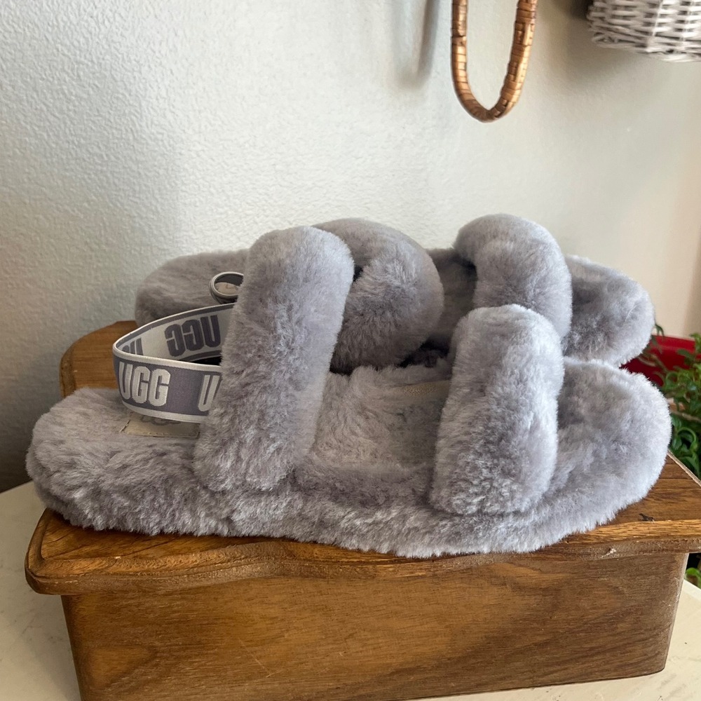 UGG Oh Fluffita Grey Sheepskin Slide Slippers 1115752K Mens 6 Womens 8